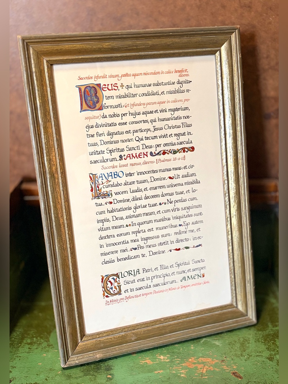 Vintage- ‘57 Catholic Calligraphic Liturgical Lavabo Altar Card- Wood/Glass